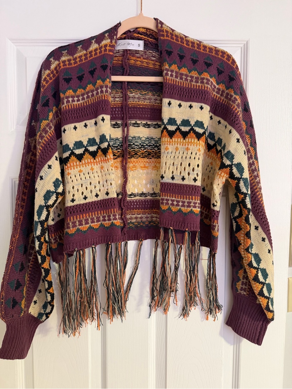 Fringed Open-Front Cardigan Sweater - Plum Multi